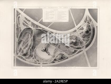 Parc des Buttes-Chaumont, plan, Plan de Parc de Buttes Chaumont vue à vol d'oiseau du 19ème siècle, signé : E. Del Hochreeau, J. Rothschild, éditeur ; H. Durau Sc, fig. 6, p. 90, Hochreeau, E. (del.) ; Rothschild, J. (ed.) ; Durau,H. (Sc.), Adolphe Alphand : Les promenades de Paris [...]. Planches. Paris : par J. Rothschild, 1867 Banque D'Images