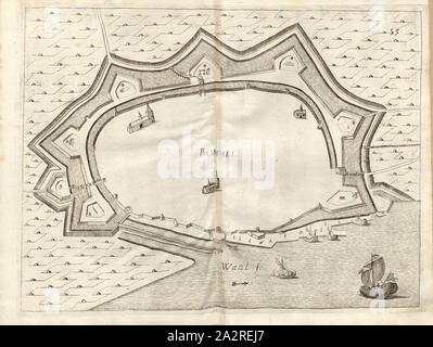 Bommel, Plan de fortification de Zaltbommel (Pays-Bas), fig. 55, 53 p. 148, après 1683, Galeazzo Gualdo Priorato : Teatro del Belgio, o diecisette descritione sia delle Provincie del medesimo : con le piante e delle Città principali fortezze ; da chi al presente possesse ; venez, en qual modo, & dans aggiontovi acquistate tempo qual : un succinto racconto di quanto è occorso dalla mossa d'armi del re christianissimo contro gli Stati Generali delle Provincie Unite sin'al fine del 1672. Francofort : [nicht ermittelbar], M.DC.LXXXIII. [1683 Banque D'Images