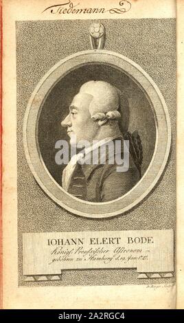 Johann Elert Bode Königl. L'astronome prussien - percé à Hambourg d. 19 janvier, 1747, Portrait de Johann Elert Bode (1747-1826), signé : D. Berger, sculptures, frontispice, Daniel Berger (sc.), 1788, Johann Elert Bode : Anleitung zur Kenntniss des gestirnten Himmels. Berlin : bey Christian Friedrich Heim, 1788 Banque D'Images