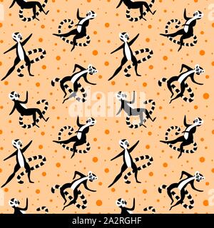 Modèle transparent avec des lémuriens et des points noirs sur fond orange. Vector illustration. Illustration de Vecteur
