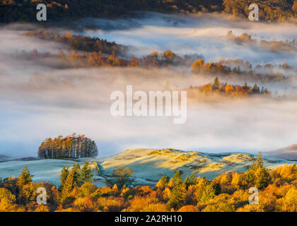 Le village de Great Langdale est caché sous une couverture de brouillard pendant une belle inversion de température sur un matin d'automne dans le Lake District. Banque D'Images