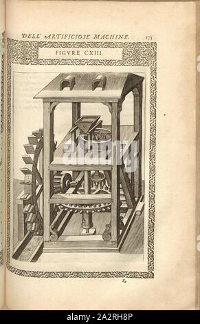 Mühle (1), l'exploitation d'une usine avec de l'eau dur, gravure sur cuivre, fig. CXIII, à la p. 175, 1588, Agostino Ramelli et diversifiée : Le artificiose machine del Capitano Agostino Ramelli (...). Un Parigi : dans Casa del'autore, 1588 Banque D'Images