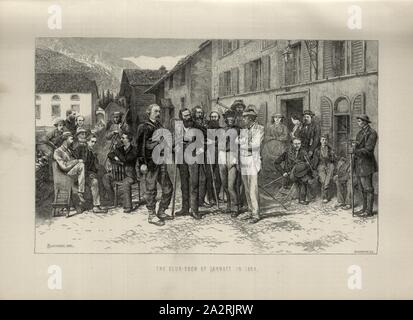 Le club-prix de Zermatt en 1864, Portrait d'alpinistes et de guides de montagne en face de l'hôtel Monte Rosa à Zermatt, signé : Mahoney, Whymper, engagé après la p. 202, Mahoney, James (del.) ; Whymper, Edward (sc.), 1880, Edward Whymper : l'ascension du Cervin. Londres : John Murray, 1880 Banque D'Images