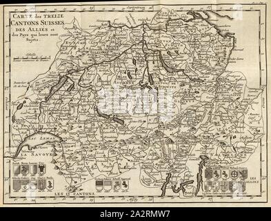 La carte des 13 cantons suisses des alliés et des pays qui font l'objet d'entre eux, la carte de la Suisse, la gravure sur cuivre, pl. 1, p. 6, après 1739, David-François de merveilleux : Amusemens des bains de Bade en Suisse, de Schintznach et de Pfeffers. Londres : chez Samuel Harding, 1739 Banque D'Images