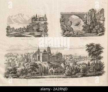 Le Château de Blonay Orbe - Bridge - Panorama de la ville de Lausanne, en haut à gauche : le château de Blonay (Canton de Vaud), en haut à droite : Pont à Orbe (canton de Vaud), ci-dessous : Avis de Lausanne et du Lac Léman, à la p. 179, Sauvage (sculpt.), 1835, Alexandre Martin : La Suisse pittoresque et ses environs. Tableau général, descriptif, historique et statistique des 22 cantons, de la Savoie, d'une partie du Piémont et du pays de Bade. Paris : Hippolyte Souverain, 1835 Banque D'Images