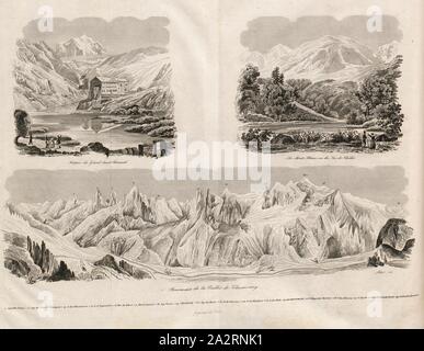 L'hospice du Grand Saint Bernard - le Mont-Blanc vu du lac Chede - Panorama de la vallée de Chamouny, en haut à gauche : Vue de l'hospice du Grand Saint Bernard en face du Mont Mort ; en haut à droite : vue sur le Mont Blanc depuis le Lac de Chède ; ci-dessous : intitulé panorama de la vallée de Chamonix et le Mont Blanc ; groupe, Joliot, 1835, Alexandre Martin : La Suisse pittoresque et ses environs. Tableau général, descriptif, historique et statistique des 22 cantons, de la Savoie, d'une partie du Piémont et du pays de Bade. Paris : Hippolyte Souverain, 1835 Banque D'Images