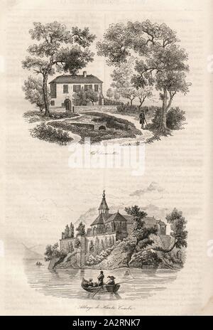 Les Charmettes - Abbaye de haute combe, ci-dessus : la vue des Charmettes, près de Chambéry (Savoie), la maison de Jean-Jacques Rousseau, ci-dessous : vue sur l'Abbaye de Hautecombe, sur les rives du Lac du Bourget (Savoie), p. 258, 1835, Alexandre Martin : La Suisse pittoresque et ses environs. Tableau général, descriptif, historique et statistique des 22 cantons, de la Savoie, d'une partie du Piémont et du pays de Bade. Paris : Hippolyte Souverain, 1835 Banque D'Images