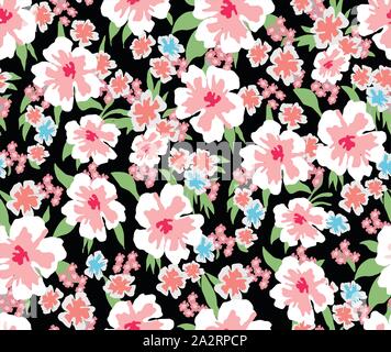 Modèle sans couture à la mode avec des fleurs décoratives. Répéter pour le tissu de conception d'impression. Petites fleurs multicolores. Fond noir. Floral Background moderne Illustration de Vecteur