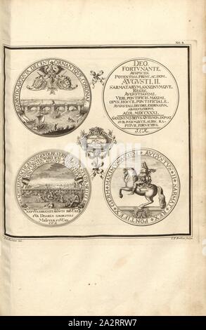 Pièces de monnaie, Mémorial des ponts avec Augustus Pont de Dresde et statue équestre d'Auguste II, signé : I. A. Richter del, C. F. Boëtius, couche externe Fig. 7, no. 8, après p. 96, Richter, Johann Adolf (del.) ; Boetius, Christian Friedrich (sc.), Breitkopf, Bernhard Christoph (éd.), 1735, Carl Christian Schramm : Historischer Schauplatz dans welchem die merkwürdigsten Brücken aus allen Theilen der Welt, insonderheit aber die in den vollkommensten Elb-Brücke versetzte Stand Dresdner, dans saubern Prospecten, Münzen und anderen, vorgestellet Kupferstichen und beschrieben werden. Leipzig : Bey Bernhard Banque D'Images