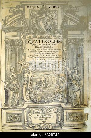 Titelblatt zu Andrea Palladios 'Les quatre livres de l'architecture ...', page de titre sur Andrea Palladio i quattro libri "dell'architettura ...' du 16ème siècle, non signé ;, page de titre, 1570, Andrea Palladio : i quattro libri dell'architettura di Andrea Palladio : ne' quali, dopo un breve Trattato de' cinque ordini, & di quelli che sono, avertimenti uep necessarii fabricare nel : si tratta delle delle vie privée, cas, de i ponti, delle piazze, de je xisti, et de' tempii. Vénétie : appresso Dominico de' Franceschi, 1570 Banque D'Images