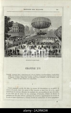L'ascension de Saint-Cloud, balade en montgolfière le 15 juillet 1784 à Saint-Cloud par Anne-Jean Robert (1758 1820) et Nicolas-Louis Robert (1760 1820) avec Colin Hullin et Louis-Philippe II. Joseph de Bourbon, duc d'Orléans, signé :, Tellier, Tissandier, fig. 33, p. 161, Albert Tissandier, (déc.) ; Tellier, Edmond (sc.), 1876, Alfred Sircos ; Th. Pallier : Histoire des ballons et des ascensions célèbres avec une préface de Nadar : dessins de A. Tissandier [...]. Paris : F. Roy, 1876 Banque D'Images