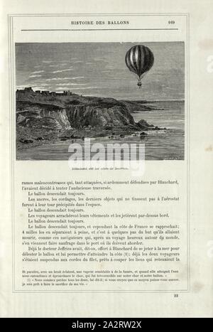 Blanchard sur la côte de Douvres, Hot Air Balloon par Jean-Pierre Blanchard et John Jeffries (1744-1819) près de château de Douvres traversée de la Manche le 7 janvier 1785, Signé : A. Tissandier ; Tremelate, fig. 34, p. 169, Albert Tissandier, (déc.) ; Tremelat (sc.), 1876, Alfred Sircos ; Th. Pallier : Histoire des ballons et des ascensions célèbres avec une préface de Nadar : dessins de A. Tissandier [...]. Paris : F. Roy, 1876 Banque D'Images