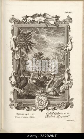 Cinquième jour de travail, 3 Füntes Tagwerck : Titre parallèle ; cinquième journée de travail, signé : J. A. Fridrich, sculptures sur la gravure sur cuivre, pl. XIV (vol. 1), Füssli, Johann Melchior ; Fridrich, Jacob Andreas (couche externe.), 1731, Johann Jakob Scheuchzer : Kupfer-Bibel (...). Augspurg und Ulm : gedruckt bey Christian Ulrich Wagner, 1731-1735 Banque D'Images