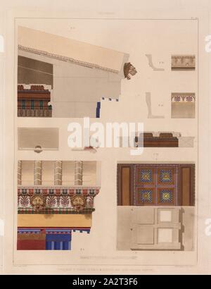 Selinunte, illustration des chevrons et le plafond du temple dans leurs couleurs d'origine du xixe siècle, signé : H. et Z. mens., et del, A.F. Lemaitre et E. Ollivier sc, P. 45, p. 101, Hittorff, Jacques Ignace (mens. et del.) ; Zanth, Ludwig (mens. et del.) ; Lemaître, A. F. (sc.) ; Ollivier, E. (sc.), 1870, Jacques Ignace Hittorff, Ludwig Zanth : architecture antique de la Sicile : recueil des monuments de Ségeste et de Sélinonte mesurés et dessinés [...]. [Tome 354050]. Paris : Imprimerie de E. Donnaud, 1870 Banque D'Images