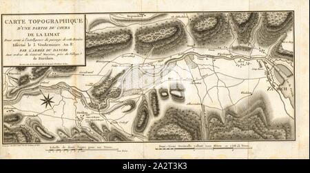 Carte topographique d'une partie de la Limat cours, carte topographique de la Limmat près de Zurich et Genève, signé : effectué par l'armée du Danube ; dessiné sous la direction du Chef de brigade d'Artillerie Dedon, Gravé par Tardieu l'ainé, Taf. 1, p. 231, l'armée du Danube (effectué) ; Dedon, Franc̦ois-Louis (dir.), Tardieu (désorganisé), Franc̦ois-Louis Dedon : Relation détaillée du passage de la Limat, effectué le 3 vendémiaire un 8 : suivie de celle du passage du Rhin, du 11 prairial suivant, et de quelques autres passages de fleuve. Paris : de l'imprimerie de Didot jeune, an IX (1801 Banque D'Images