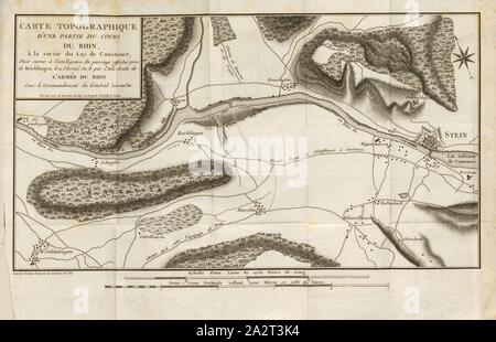 Carte topographique d'une partie de la cours du Rhin à la sortie du lac de Constance, carte topographique du Rhin près de Stein am Rhein et Gailingen, signé : effectué par l'aile droite de l'Armée du Rhin ; dessiné sous la direction du Chef de brigade d'Artillerie Dedon, Gravé par Tardieu l'ainé, Taf. 2, d'après p. 231, l'Armée du Rhin (effectué) ; Dedon, Franc̦ois-Louis (dir.), Tardieu (désorganisé), Franc̦ois-Louis Dedon : Relation détaillée du passage de la Limat, effectué le 3 vendémiaire un 8 : suivie de celle du passage du Rhin, du 11 prairial suivant, et de quelques autres passages de fleuve. Paris : de l Banque D'Images