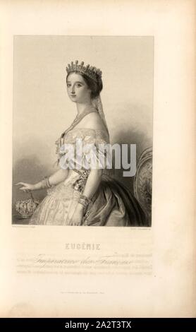 Eugénie, impératrice des Français, Eugénie de Montijo, aussi María Eugenia Ignacia Augustina Palafox de Guzmán Portocarrero y Kirkpatrick, épouse de Napoléon III, signé : Winterhalter (pinxt) ; Ferd., Delannoy (sc.), fig. 1, partie 1, p. 16, après, Franz Xaver Winterhalter (pinx.) ; Delannoy, Ferdinand (sc.), Amédée de Cesena : Campagne de Piémont et de Lombardie en 1859. Paris : Garnier Frères, 1860 Banque D'Images