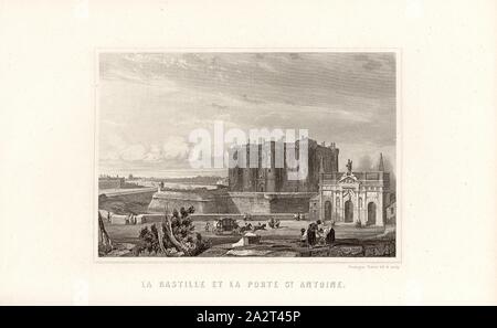 La Bastille et la Porte St Antoine, vue de la Bastille et de la Porte Saint-Antoine de l'ancienne ville fortifications de Paris, p. 302, p. 366, Rouargue Frères (del. Sculptures &.) : Dulaure, histoire de Paris et de ses monuments. Nouvelle édition refondue et complétée jusqu'à nos jours par L. Batissier. Paris. Furne et Cie, 1854 Banque D'Images