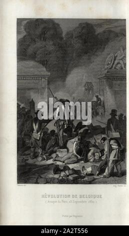 Tour de Belgique attaque du Park, le 23 septembre 1830, révolution belge de 1830, signé Jeanron del, Garnier Août sc, frontispice, Jeanron (del.) ; Garnier, août (sc.), Louis Blanc : Révolution française : histoire de dix ans 1830-1840. Bd. 2. Paris : Pagnerre, 1848 Banque D'Images