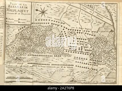 Plan de la bataille de Malplaquet, Plan de la bataille de Malplaquet 1709, signé : sculptures sur Dheulland, fig. 2, d'après p. 36, Dheulland (sc.), Antoine de Pas Feuquières : Mémoires de M. le marquis de Feuquiere [...] contenans ses maximes sur la guerre, et l'application des exemples aux maximes. Londres : chez Pierre Dunoyer Paris : chez Rollin fils, 1737 Banque D'Images