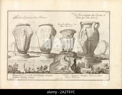 Vases égyptiens, constitué de différentes chambres de l'antiquité, Illustration de différents vases égyptiens du 18ème siècle, signé : J. B. F. C. Chr., E. del., 4, p. 220, Fischer von Erlach, Johann Bernhard (del), Johann Bernhard Fischer von Erlach : Entwurff einer historischen Architectur, figure dans unterschiedener berühmten Gebäude, des Alterthums, und fremder Völcker, latouge Geschichtbüchern Gedächtnüsz-Müntzen, aus den Ruinen, eingeholten wahrhafften Abriszen, und, vor Augen zu stellen [...]. Divers vases antiques. Wien, 1721 Banque D'Images