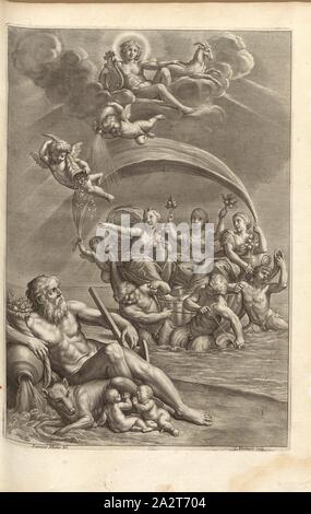 Hesperiden, Hespérides, Wolf avec Remus et Romulus, dieu fleuve Tibre, signé : Albanus Franciscus del, C. Bloemaert, couche externe Fig. 7, après p. 50, Albani, Francesco (del.) ;, Cornelis Bloemaert (sc.), 1646, Giovanni Battista Ferrari : Hesperides sive de malorum aureorum cultura et usu libri quatuor. Romae : sumptibus Hermanni Scheus, 1646 Banque D'Images