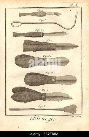 8 chirurgie, instruments médicaux, signé : Benard direx, Pl. 8, après p. 48, Benard (dir.), 1778, Denis Diderot ; M. d'Alembert : encyclopédie, ou Dictionnaire raisonné des sciences, des arts et des métierss, des arts et des métiers. Genève : chez Pellet, [1778 MDCCLXXVIII Banque D'Images