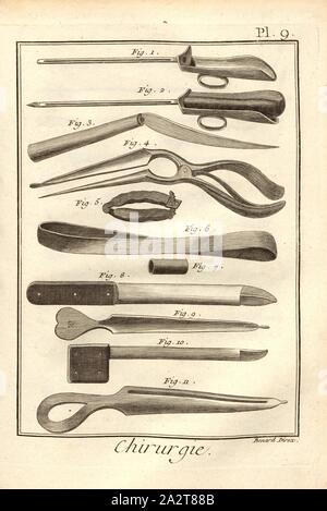 9 chirurgie, instruments médicaux, signé : Benard direx, Pl. 9, après p. 48, Benard (dir.), 1778, Denis Diderot ; M. d'Alembert : encyclopédie, ou Dictionnaire raisonné des sciences, des arts et des métierss, des arts et des métiers. Genève : chez Pellet, [1778 MDCCLXXVIII Banque D'Images