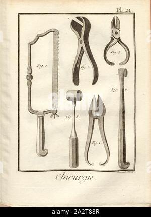 18 la chirurgie, instruments médicaux, signé : Benard direx, pl. 21, après p. 48, Benard (dir.), 1778, Denis Diderot ; M. d'Alembert : encyclopédie, ou Dictionnaire raisonné des sciences, des arts et des métierss, des arts et des métiers. Genève : chez Pellet, [1778 MDCCLXXVIII Banque D'Images