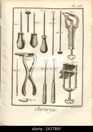 22 la chirurgie, instruments médicaux, signé : Benard direx, Pl. 26, après p. 48, Benard (dir.), 1778, Denis Diderot ; M. d'Alembert : encyclopédie, ou Dictionnaire raisonné des sciences, des arts et des métierss, des arts et des métiers. Genève : chez Pellet, [1778 MDCCLXXVIII Banque D'Images