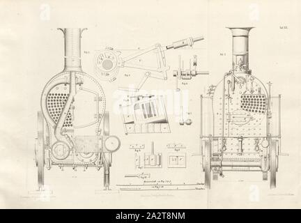 Machine train de voyageurs en fonction de Bury, Curtis et Kennedy et machines à châssis avant, fig. 1-2 : vue en bout et coupe d'une chambre de fumée et un feu fort, fig. 3-10 : Contrôler, contrôler l'arbre avec les leviers, cylindre avec corps de vanne et de miroir, le curseur d'une locomotive sur le châssis avant en fonction de la construction de la Maschinenfabrik der Wien, Vienne, en fer Gloggnitzer signé : c. Heusinger, W, Lith., v, J. ; Lehnhardt Editeur v., c. W. Kreidel Plaque, XX, p. 175 après, Heusinger von Waldegg, Edmund ; Lith. Anstalt von J. Lehnhardt (lith.) ; Christian Wilhelm Kreidel Banque D'Images