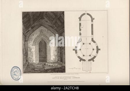 Plan au sol et l'entrée de la porte de l'Église peu Maplestead, Essex, Plan et porte à l'église Saint Jean-Baptiste à peu Maplestead dans l'Essex, signé : gravée par John Roffe, de dessins par J.C. Smith, fig. 26, Pl. I, D'après p. 16, Smith, J. C. (dessin) ; Roffe, John (Ing.), 1807, John Britton : Les antiquités architecturales de Grande-bretagne : représentés et illustré dans une série de vues, élévations, plans, coupes et détails de divers édifices anglais ancien : historique et descriptive avec comptes de chacune. Bd. 1. Londres : J. Taylor, 1807-1826 Banque D'Images