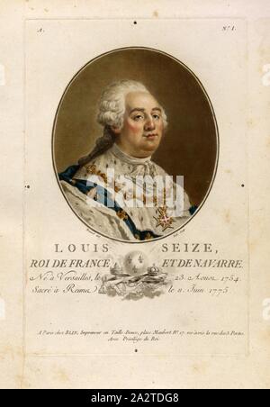 Saisir Louis, Roi de France et de Navarre, Louis XVI, roi de France et de Navarre, signé : Bernard (del.) ; Ridé (couche externe.), Blin (chez), un non. 1, Bernard (del.) ; Ridé (sc.), Blin (chez), Antoine François Sergent-Marceau : Portraits des grands hommes, femmes illustres et sujets mémorables de France : gravés et imprimés en couleurs. Dédié au Roi. Bd. 1. Paris : chez Blin, Imprimeur en Taille-Douce, [1786-1792 Banque D'Images