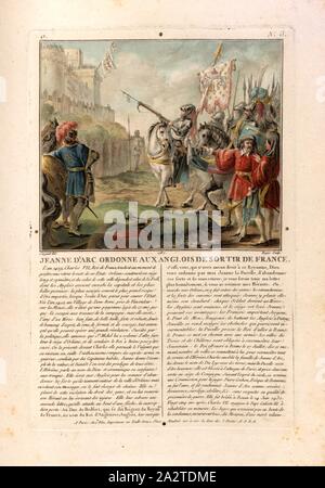 Les ordres de Jeanne d'Arc les Anglais de quitter la France, Jeanne d'Arc dans la guerre contre les Anglais, signé : Sergent (del.) ; Roger (couche externe.) ; chez Blin, O., 3, Sergent, Antoine Louis François (del.) ; Roger (couche externe.) ; Blin (chez), Antoine François Sergent-Marceau : Portraits des grands hommes, femmes illustres et sujets mémorables de France : gravés et imprimés en couleurs. Dédié au Roi. Bd. 1. Paris : chez Blin, Imprimeur en Taille-Douce, [1786-1792 Banque D'Images