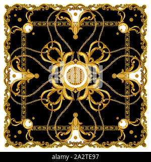 Luxury Golden Baroque. Châle bijoux Design. Foulard en Soie avec des chaînes d'or. Prêt pour l'impression textile. Sur fond noir. Banque D'Images