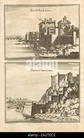 La Porte Sainte Claire et Saint Iean de Lion Lion au Bastion, Porte de Saint-Clair et de Fort Saint-Jean à Lyon, fig. 35, cinquième partie, après p. 20, Martin Zeiller : Topographia Galliae, de l'Oder, Contrafaitung vornehmbsten und Beschreibung der und dem bekantisten Oerter dans mächtigen und grossen Königreich Franckreich beedes eygner : auss Erfahrung und den Besten und berühmbtesten Scribenten underschiedlichen Spraachen dans aussgangen seyn dont auch auss erlangten- und Bericht von etlichen Relationen Jahren hero dans zusammengetragen richtige Ordnung und gebracht auff begehren zum Druck. verfertiget Bd. 3 Banque D'Images