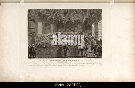 Réunion extraordinaire tenue par Louis XVI au Palace, le 19 novembre 1787, réunion au Palais de Justice de Paris le 19 novembre 1787, signé : Dessiné par Meunier et Girardet, Gravé par cl., Niquet, fig. 5, p. 16, Meunier (déc.) ; Girardet, Abraham (déc.) ; Niquet, Claude (désorganisé), Collection complète des tableaux historiques de la Révolution française en trois volumes [...]. Bd. 1. A Paris : chez Auber, Editeur, et seul propriétaire : de l'imprimerie de Pierre Didot l'aîné, an XI de la République M. Francçaise DCCCII Banque D'Images