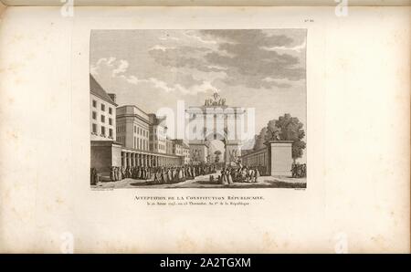 L'acceptation de la Constitution républicaine le 10 août 1793, ou 23 Thermidor, an 1 de la République, Fête de l'unité et l'indivisibilité de la République le 10 août 1793 sur le Boulevard des Italiens à Paris, signé : Sweebach Desfontaines inv. Et del, Berthault, couche externe Fig. 19, no. 86, p. 348 (après quatre-vingt-sixième tableau), Swebach de Fontaine, Jacques François Joseph (inv. et del.) ; Berthault, Pierre-Gabriel (sc.), Collection complète des tableaux historiques de la Révolution française en trois volumes [...]. Bd. 2. A Paris : chez Auber, Editeur, et seul propriétaire : de l'Imprimerie Banque D'Images