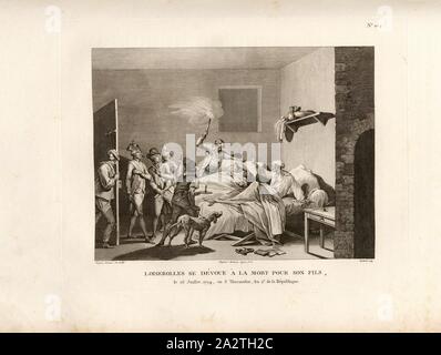 Loiserolles se consacre à la mort de son fils, le 26 juillet 1794, ou 8 Thermidor, An 2. de la République, Jean Simon Sauvé de Loizerolles se sacrifie pour son fils Jean Simon de Loizerolles le 26 juillet 1794, signé : Duplessi-Bertaux inv. Et del, Duplessi-Bertaux aqua forti ; sculptures Berthault, fig. 37, no. 104, p. 420 (après cent-quatrième tableau), Duplessi-Bertaux, Jean (inv. et del., aqua forti) ; Berthault, Pierre-Gabriel (sc.), Collection complète des tableaux historiques de la Révolution française en trois volumes [...]. Bd. 2. A Paris : chez Auber, Editeur, et seul propriétaire : de l' Banque D'Images