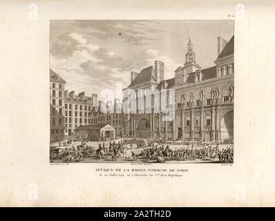 Attaque de la maison commune de Paris le 29 juillet 1794, ou 9 thermidor an 2. de la République, l'attaque de l'Hôtel de Ville à Paris le 29 juillet 1794, signé : Duplessi-Bertaux inv. Et del, Duplessi-Bertaux aqua forti ; sculptures Berthault, fig. 38, no. 105, p. 424 (après Cent-cinquième tableau), Duplessi-Bertaux, Jean (inv. et del., aqua forti) ; Berthault, Pierre-Gabriel (sc.), Collection complète des tableaux historiques de la Révolution française en trois volumes [...]. Bd. 2. A Paris : chez Auber, Editeur, et seul propriétaire : de l'imprimerie de Pierre Didot l'aîné, an XI de la République Francçaise M Banque D'Images