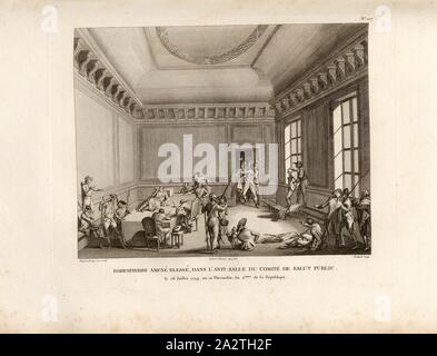 Robespierre a blessés, dans l'anti-hall de la Commission de la Sécurité publique, le 28 juillet 1794, ou 10 Thermidor, an 2. de la République, Maximilien de Robespierre après l'arrestation le 28 juillet 1794 au palais des Tuileries à Paris, signé : Duplessi-Bertaux inv. Et del, Duplessi-Bertaux aqua forti ; sculptures Berthault, fig. 40, no. 107, p. 432 (après cent-septième tableau), Duplessi-Bertaux, Jean (inv. et del., aqua forti) ; Berthault, Pierre-Gabriel (sc.), Collection complète des tableaux historiques de la Révolution française en trois volumes [...]. Bd. 2. A Paris : chez Auber, Editeur, et seul Banque D'Images