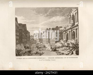 Attaque de la Convention nationale ; journée mémorable du 13 vendémiaire an 4. de la République française, rupture de l'insurrection royaliste en face de l'église Saint Roch à Paris par Napoléon Bonaparte le 5 octobre 1795, signé : Girardet inv. Et del, Berthault, couche externe Fig. 53, no. 120, à la p. 484 (cent-vingtième tableau), Girardet, Abraham (inv. et del.) ; Berthault, Pierre-Gabriel (sc.), Collection complète des tableaux historiques de la Révolution française en trois volumes [...]. Bd. 2. A Paris : chez Auber, Editeur, et seul propriétaire : de l'imprimerie de Pierre Didot l'aîné, un XI de la Banque D'Images