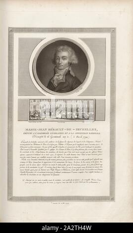 Marie-Jean Hérault-de-Séchelles, député à l'Assemblée législative et à la Convention nationale, décapité le 16 germinal an 2. (5 avril 1794), Portrait de Marie-Jean Hérault de Séchelles et Paris le 31 mai 1793, signé : Laneuville pinx, sculptures sur Levachez Duplessi-Bertaux, inv. Et del, Duplessi-Bertaux aqua forti, fig. 21, p. 12 (Acte constitutionnel), Laneuville, Jean Louis (pinx.) ; Levachez, Charles François Gabriel (sc.) ; Duplessi Bertaux, Jean (inv. et del. ; aqua forti), Collection complète des tableaux historiques de la Révolution française en trois volumes [...]. Bd. 3. A Paris : chez Auber Banque D'Images