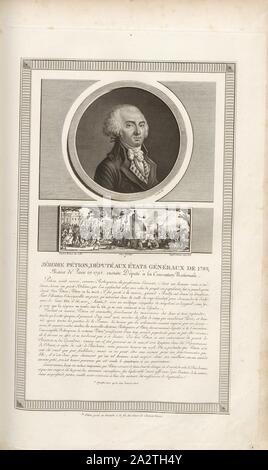 Jérôme Pétion, adjoint au États généraux de 1789, le Maire de Paris en 1792, puis Adjoint à la Convention nationale, Portrait de Jérôme Pétion de Villeneuve et Fête de la liberté 1791, signé : Levachez Duplessi-Bertaux sculptures ; inv. Et del, Duplessi-Bertaux aqua forti, fig. 23, p. 12 (Acte constitutionnel), Levachez, Charles François Gabriel (sc.) ; Duplessi Bertaux, Jean (inv. et del. ; aqua forti), Collection complète des tableaux historiques de la Révolution française en trois volumes [...]. Bd. 3. A Paris : chez Auber, Editeur, et seul propriétaire : de l'imprimerie de Pierre Didot l'aîné, un Banque D'Images