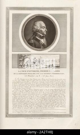 La tour d'Auvergne, premier grenadier de la République française, tué à la bataille de Hoberhausen, le 8 Messidor, an 8. 28 juin 1800, Portrait de Théophile-Malo La Tour d'Auvergne et la mort de La Tour d'Auvergne à Oberhausen, le 27 juin 1800, signé : Levachez Duplessi-Bertaux sculptures, inv. Et del, Duplessi-Bertaux aqua forti, fig. 63, p. 9 (Constitution de la République), Levachez, Charles François Gabriel (sc.) ; Duplessi Bertaux, Jean (inv. et del. ; aqua forti), Collection complète des tableaux historiques de la Révolution française en trois volumes [...]. Bd. 3. A Paris : chez Auber Banque D'Images