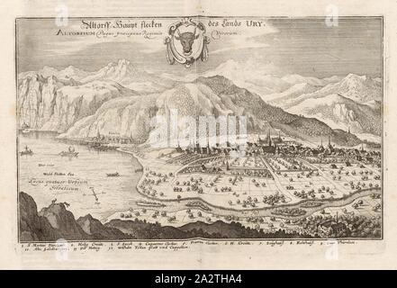 Altorff - Patch Principal du pays Ury, Altdorf à Lac de Lucerne et Flüelen dans le canton d'Uri, fig. 26, d'après p. 38, programme Matthaeus Merian der Ältere : Topographia Helvetiae, Rhaetiae et Valesiae : Das ist, und Beschreibung der vornehmsten eygentliche figure Stätte und Plätze in der hochlöblichen Eydgnossschafft Graubündten,, Wallis, und etlicher zugewandten Orthen. Franckfurt am : "zum chariot verlegt von en Merianischen Erben, im Jahr M DC LIV. [1654 Banque D'Images