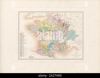 Carte de France pour servir l'histoire de bovins de races, les races bovines de la carte en France, signé : dressée par Em. Baudement ; Marlier, sculptures I. Dalmont, scrip Fig. 2, selon LXXIV, Baudement, Emile (dressée) ; Marlier (sc.) ; Dalmont, I. (certificat.), Emile Baudement : Les races bovines au concours universel agricole de Paris en 1856 : études zootechniques. Bd. 1. Paris : Imprimerie impériale, 1862 [MDCCCLXII Banque D'Images