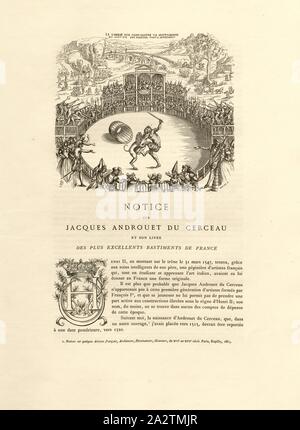 La lutte d'un chien contre un homme qui avait tué son maître fait à Montargis, la lutte contre l'homme et le chien dans un anneau, signé : FD ; Prunaire sc, fig. 1, Jacques Androuet du Cerceau, du (del.) ; Faure-Dujarric, Pierre-Lucien (sc.) ; Prunaire, Alfred (sc.) ; Levy, A. (éd.), 1868, Jacques Androuet du Cerceau, Hippolyte A. Destailleur : Les Plus Excellents Bastiments de France. Paris : A. Lévy, Libraire-Editeur, M DCCC LXVIII - M DCCC LXX. [1868-1870 Banque D'Images