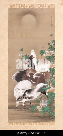 Chèvres et Tōun 狩野洞雲 Kanō, lune (japonais, 1625-1694), Edo, 1625-1694, encre et couleur sur soie, 32-3/4 x 13-3/8 po. (Image) 68 x 20-1/4 x 1 in. (Installé), signé : Ken un   Masuyoshi zu, Joint : [éventuellement], Art asiatique Banque D'Images