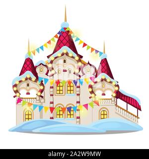 Château de conte de fées décoré avec goût avec des guirlandes et des drapeaux multicolores isolés sur fond blanc. Croquis de Noël affiche de fête, fête Illustration de Vecteur